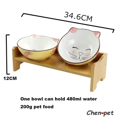 Cute Ceramics Pet Food Bowl Pet Supplies Ceramic Bowl with Wooden Stand for Cat and Dog Pet Food and Water Feeder