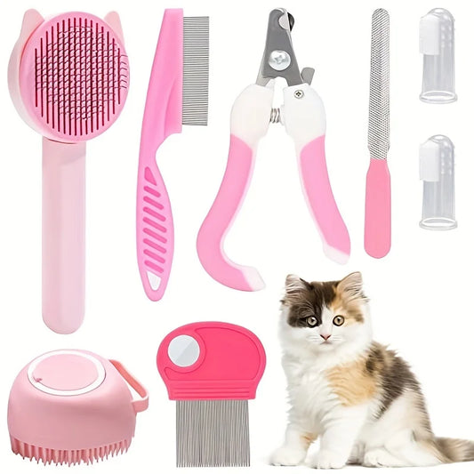 8-piece cat brush beauty kit with pet nail clippers and files pet self-cleaning kit flea comb pet shampoo bath brush pet sheddin