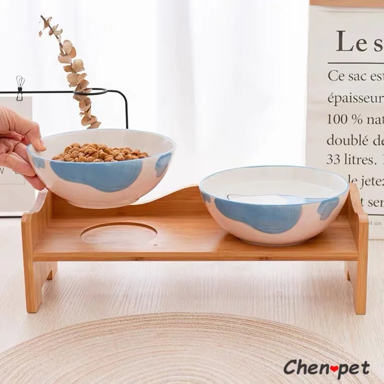 Cute Ceramics Pet Food Bowl Pet Supplies Ceramic Bowl with Wooden Stand for Cat and Dog Pet Food and Water Feeder