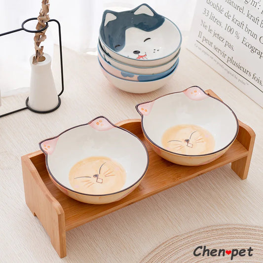 Cute Ceramics Pet Food Bowl Pet Supplies Ceramic Bowl with Wooden Stand for Cat and Dog Pet Food and Water Feeder