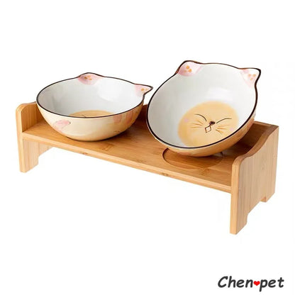 Cute Ceramics Pet Food Bowl Pet Supplies Ceramic Bowl with Wooden Stand for Cat and Dog Pet Food and Water Feeder