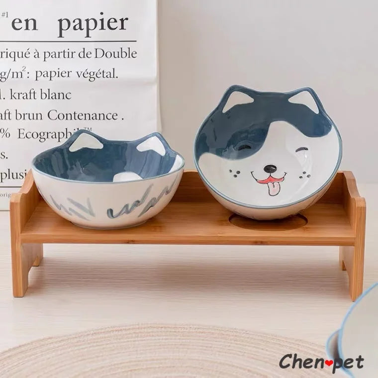 Cute Ceramics Pet Food Bowl Pet Supplies Ceramic Bowl with Wooden Stand for Cat and Dog Pet Food and Water Feeder