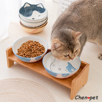 Cute Ceramics Pet Food Bowl Pet Supplies Ceramic Bowl with Wooden Stand for Cat and Dog Pet Food and Water Feeder